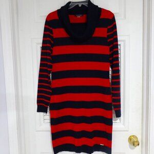 Tommy Hilfiger Women's Navy Blue Red Stripe Funnel Turtleneck Sweater Dress Sz M